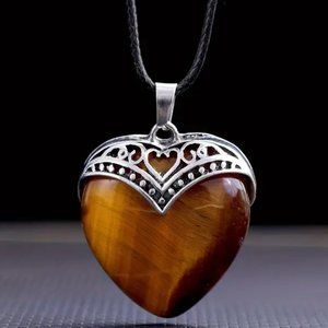 Tiger Eye Natural Gemstone Heart Pendant Necklace Healing Gemstone Pendant